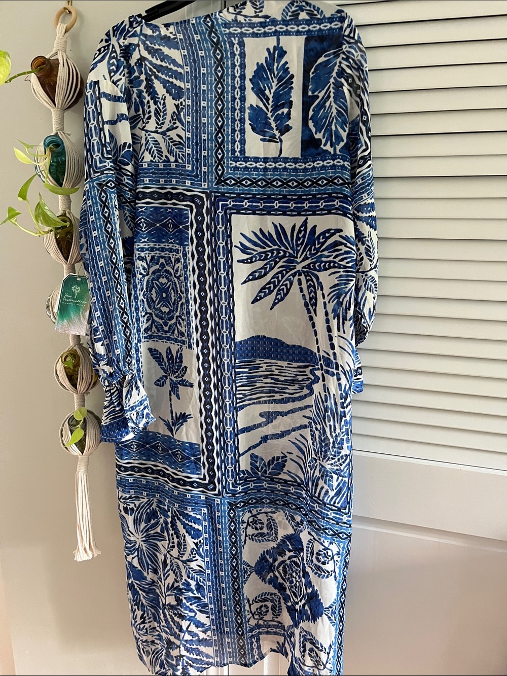 Blue & White Floral Wide-Leg Pants - Lightweight with Kimono Set - Picture 5 of 5